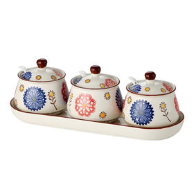 赛巴迪国风多彩花复古陶瓷调味罐4件套配陶瓷托