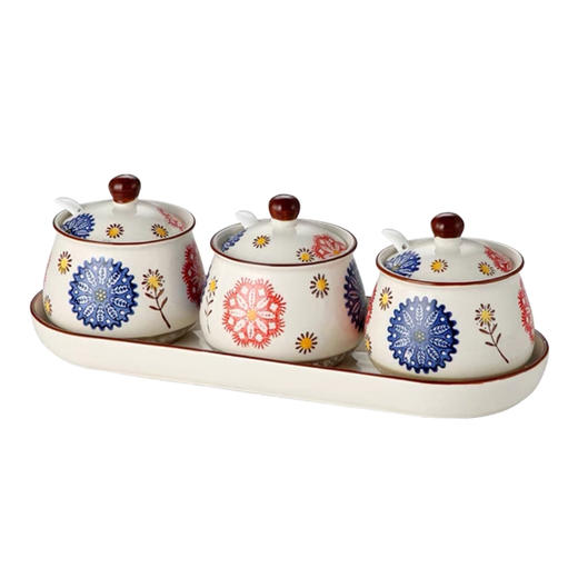 赛巴迪国风多彩花复古陶瓷调味罐4件套配陶瓷托 商品图0