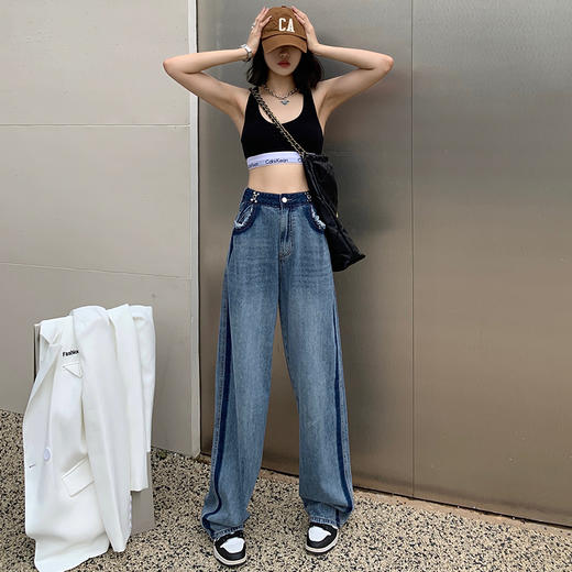 HEY+JEANS美式复古撞色牛仔裤直筒牛仔裤女2022秋季新款弹力高腰显瘦宽松双扣拖地裤 商品图3