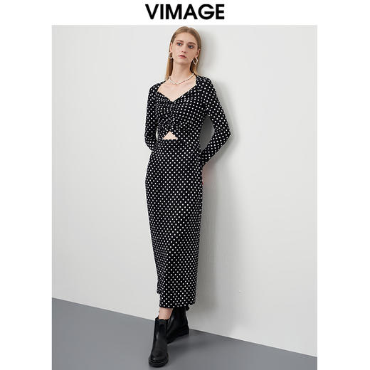 VIMAGE/纬漫纪新款时尚V领气质复古波点修身连衣裙VC2207006 商品图1