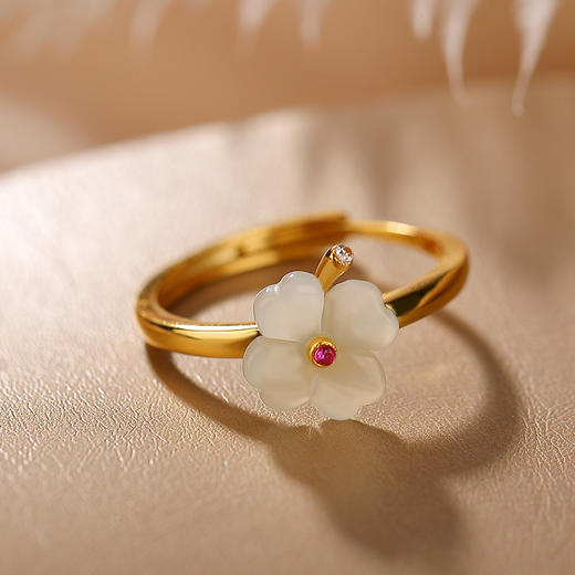 S925纯银镀金和田玉青玉幸运四叶时尚百搭款戒指开口指环 商品图6