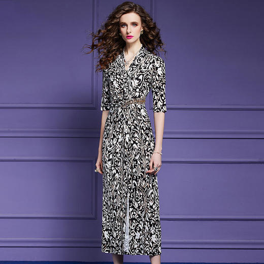 FMY44002新款法式时尚优雅气质收腰V领五分袖印花连衣裙 商品图3