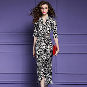 FMY44002新款法式时尚优雅气质收腰V领五分袖印花连衣裙