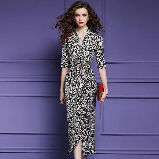 FMY44002新款法式时尚优雅气质收腰V领五分袖印花连衣裙 商品图0