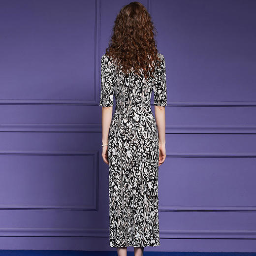 FMY44002新款法式时尚优雅气质收腰V领五分袖印花连衣裙 商品图5