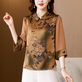 夏季新款，仿真丝拼接雪纺套头衫绣花领宽松印花上衣KQL-5118