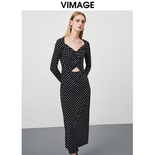 VIMAGE/纬漫纪新款时尚V领气质复古波点修身连衣裙VC2207006 商品图2