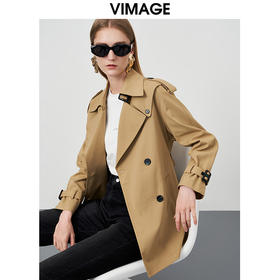 VIMAGE纬漫纪秋季新款纯色经典翻领英伦风收腰中长款风衣外套VC2204004