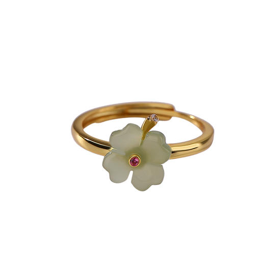 S925纯银镀金和田玉青玉幸运四叶时尚百搭款戒指开口指环 商品图4