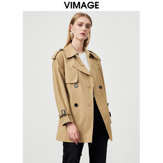 VIMAGE纬漫纪秋季新款纯色经典翻领英伦风收腰中长款风衣外套VC2204004 商品图3