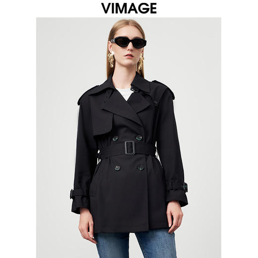 VIMAGE纬漫纪秋季新款纯色经典翻领英伦风收腰中长款风衣外套VC2204004 商品图1