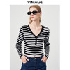 VIMAGE/纬漫纪秋季新款款时尚百搭条纹V领套头针织衫女上衣VC2213008 商品缩略图3