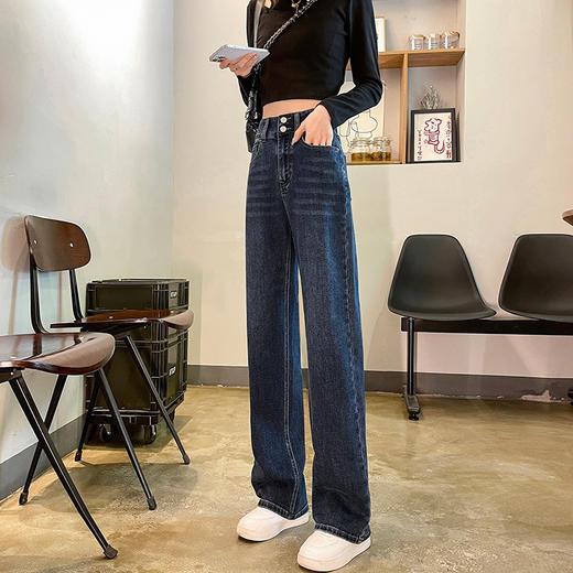 HEY+JEANS美式复古撞色牛仔裤直筒牛仔裤女2022秋季新款弹力高腰显瘦宽松双扣拖地裤 商品图6