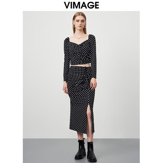 VIMAGE/纬漫纪秋季新款时尚复古气质高腰波点开叉半身裙VC2206010半裙 商品图1