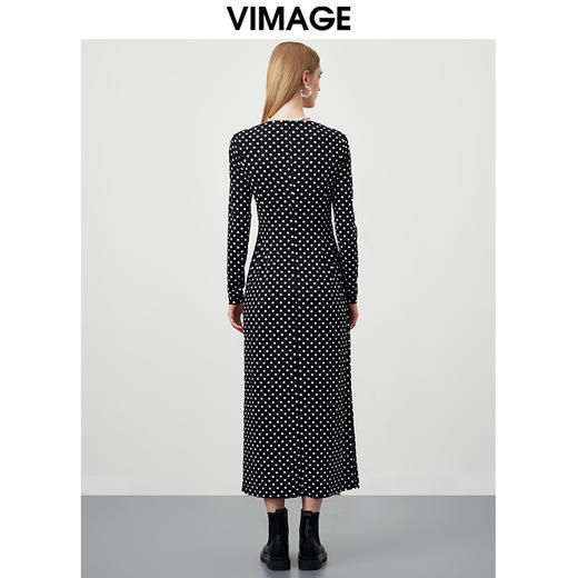 VIMAGE/纬漫纪新款时尚V领气质复古波点修身连衣裙VC2207006 商品图4