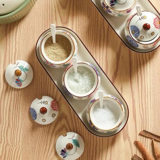 赛巴迪国风多彩花复古陶瓷调味罐4件套配陶瓷托 商品图2