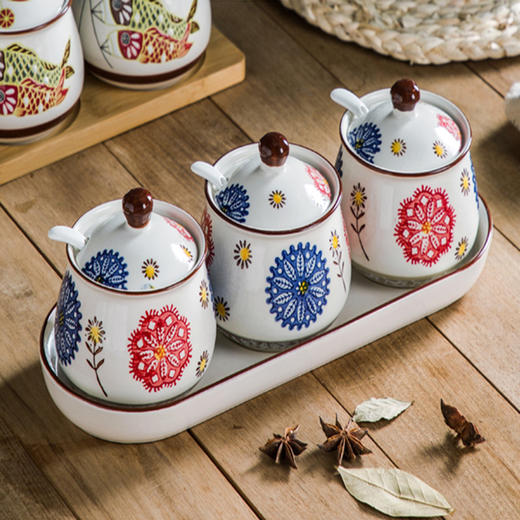 赛巴迪国风多彩花复古陶瓷调味罐4件套配陶瓷托 商品图1