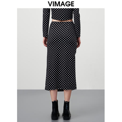 VIMAGE/纬漫纪秋季新款时尚复古气质高腰波点开叉半身裙VC2206010半裙 商品图4