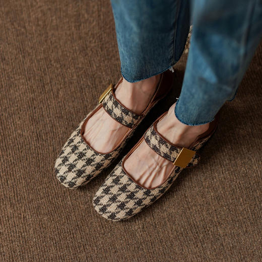 平底舒适，头层牛皮配流行格子织物单鞋PS1035 商品图6