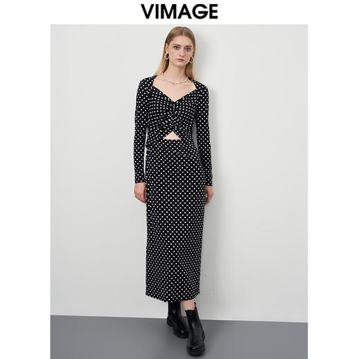 VIMAGE/纬漫纪新款时尚V领气质复古波点修身连衣裙VC2207006 商品图3
