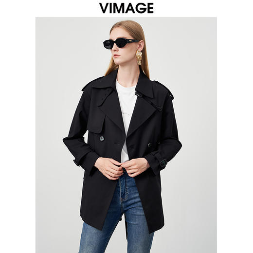 VIMAGE纬漫纪秋季新款纯色经典翻领英伦风收腰中长款风衣外套VC2204004 商品图5