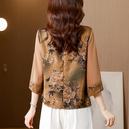 夏季新款，仿真丝拼接雪纺套头衫绣花领宽松印花上衣KQL-5118 商品图4