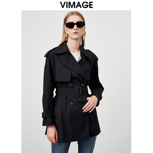 VIMAGE纬漫纪秋季新款纯色经典翻领英伦风收腰中长款风衣外套VC2204004 商品图8