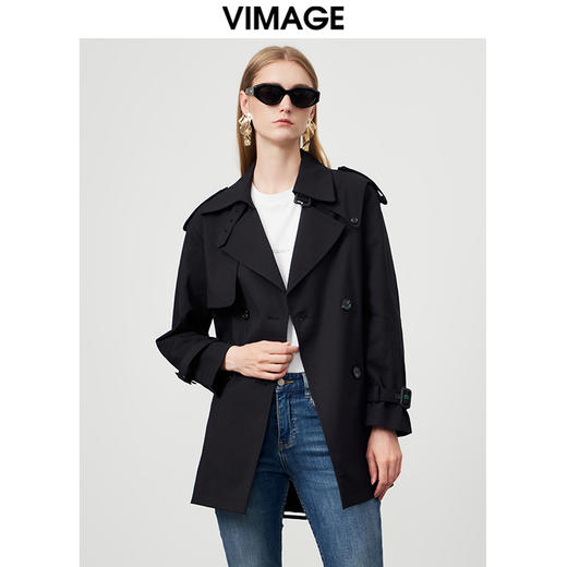 VIMAGE纬漫纪秋季新款纯色经典翻领英伦风收腰中长款风衣外套VC2204004 商品图7