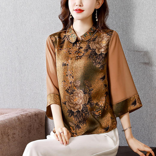 夏季新款，仿真丝拼接雪纺套头衫绣花领宽松印花上衣KQL-5118 商品图3