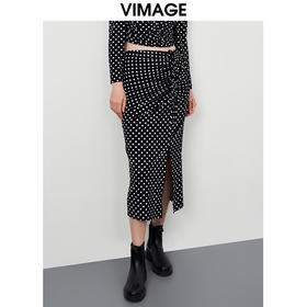 VIMAGE/纬漫纪秋季新款时尚复古气质高腰波点开叉半身裙VC2206010半裙