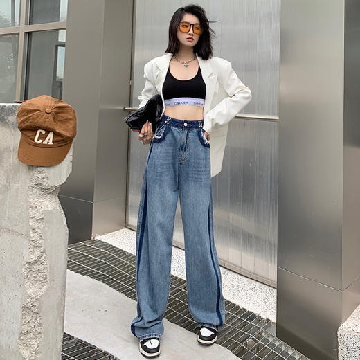 HEY+JEANS美式复古撞色牛仔裤直筒牛仔裤女2022秋季新款弹力高腰显瘦宽松双扣拖地裤 商品图0
