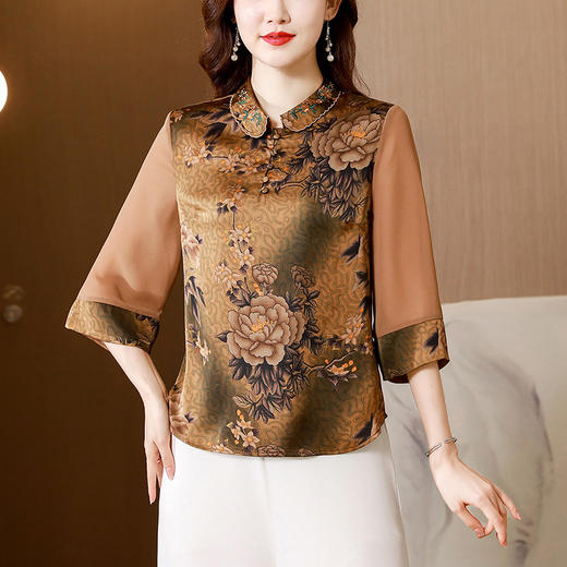 夏季新款，仿真丝拼接雪纺套头衫绣花领宽松印花上衣KQL-5118 商品图1