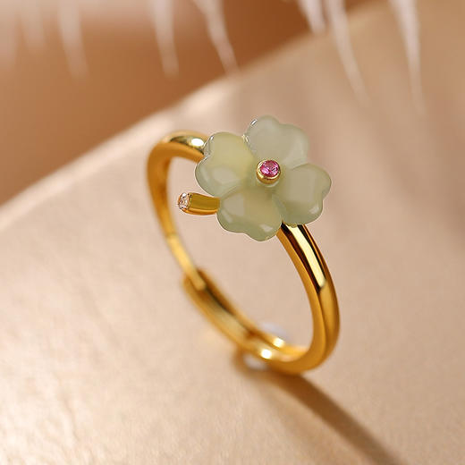 S925纯银镀金和田玉青玉幸运四叶时尚百搭款戒指开口指环 商品图1