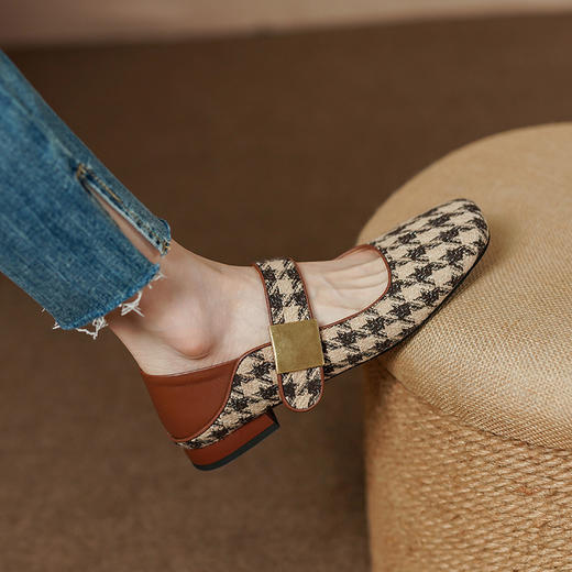 平底舒适，头层牛皮配流行格子织物单鞋PS1035 商品图0