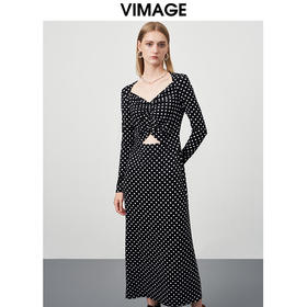 VIMAGE/纬漫纪新款时尚V领气质复古波点修身连衣裙VC2207006