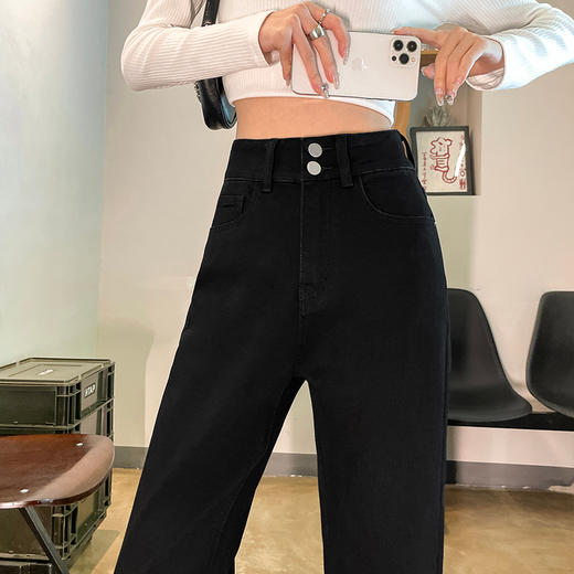 HEY+JEANS美式复古撞色牛仔裤直筒牛仔裤女2022秋季新款弹力高腰显瘦宽松双扣拖地裤 商品图4