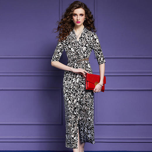 FMY44002新款法式时尚优雅气质收腰V领五分袖印花连衣裙 商品图1