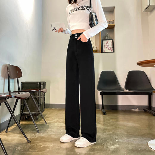 HEY+JEANS美式复古撞色牛仔裤直筒牛仔裤女2022秋季新款弹力高腰显瘦宽松双扣拖地裤 商品图1