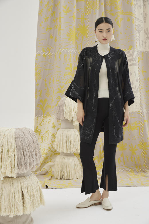 真丝羊绒相拼手工毛毡女大衣 SJS94W065W 商品图3