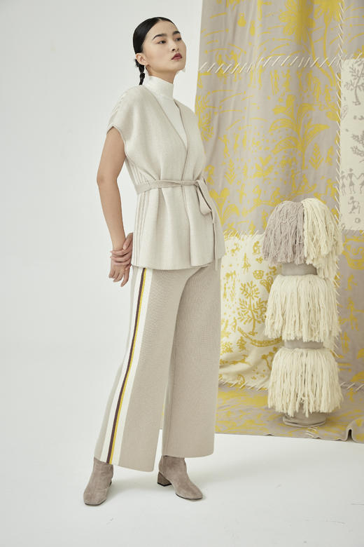 撞色抽条羊绒直筒女裤 SJF93K265N 商品图0