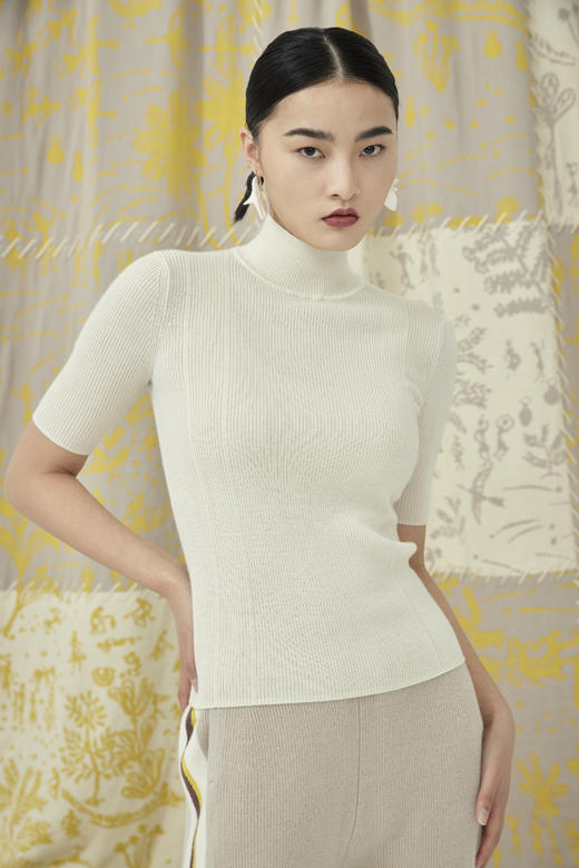 疗愈羊绒|半高领精纺短袖上衣 SJS94W064K 商品图0