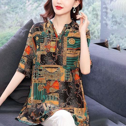 dp3104  胖妈妈时尚印花桑蚕丝中长款T恤2022夏季新款中老年宽松遮肚上衣 商品图1
