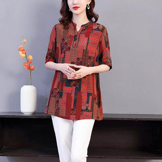 dp3104  胖妈妈时尚印花桑蚕丝中长款T恤2022夏季新款中老年宽松遮肚上衣 商品图6