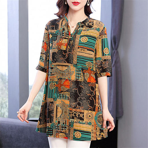 dp3104  胖妈妈时尚印花桑蚕丝中长款T恤2022夏季新款中老年宽松遮肚上衣 商品图5