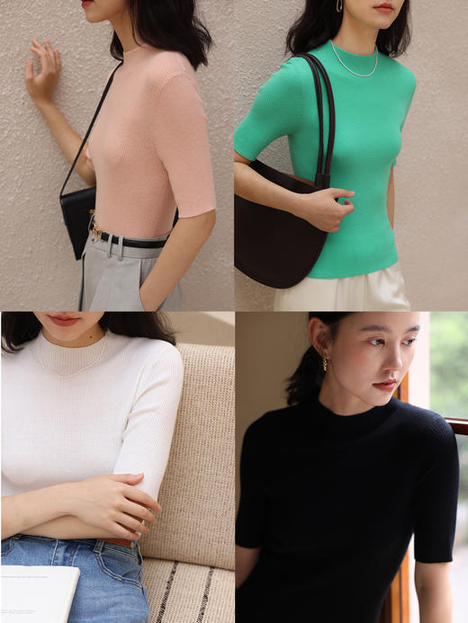 HeyDress半高领针织衫女夏季套头薄款打底衫高端修身中袖t恤上衣 商品图2