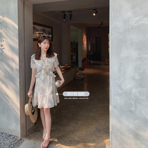 金蘑菇菇【蓝花屿系列】美哭原创油画印花小清新法式温柔风连衣裙 商品图1