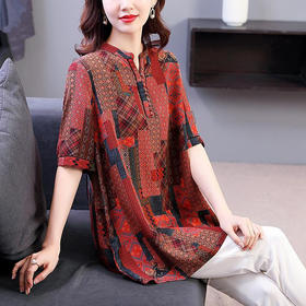 dp3104  胖妈妈时尚印花桑蚕丝中长款T恤2022夏季新款中老年宽松遮肚上衣