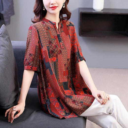 dp3104  胖妈妈时尚印花桑蚕丝中长款T恤2022夏季新款中老年宽松遮肚上衣 商品图0