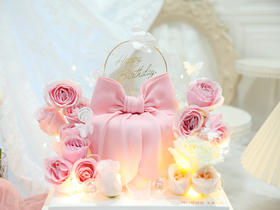 女士款 仙气粉色鲜花 优雅 粉色蝴蝶结蛋糕