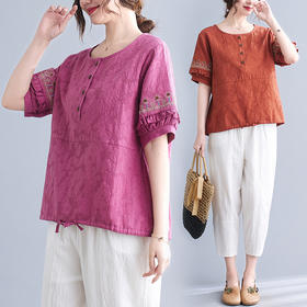 GYH 6107棉麻提花刺绣短袖洋气T恤薄款上衣